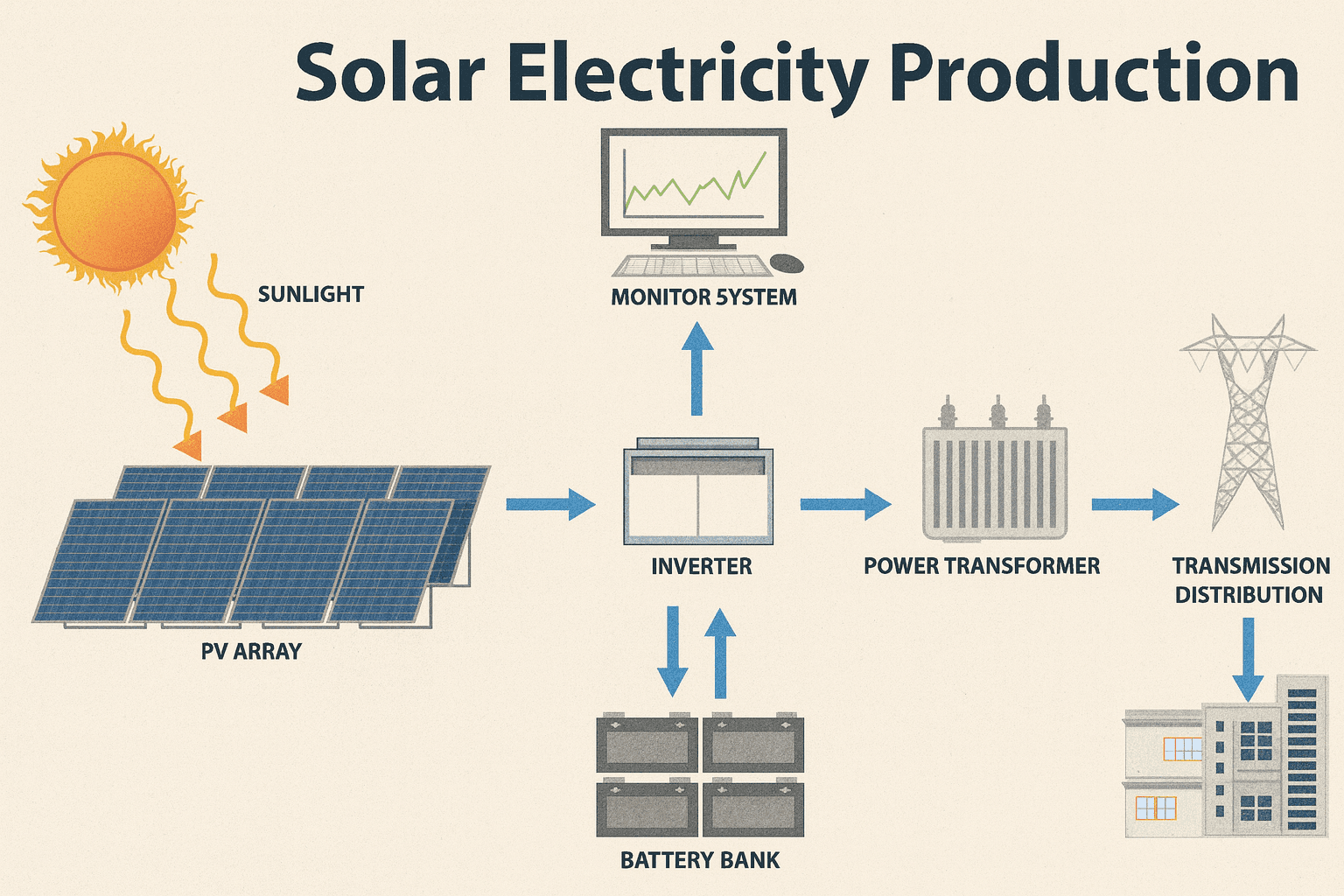 Diagram showing how Solar Net Metering works: Sunlight hits panels, inverter converts to AC power, powering home and sending excess to the grid.